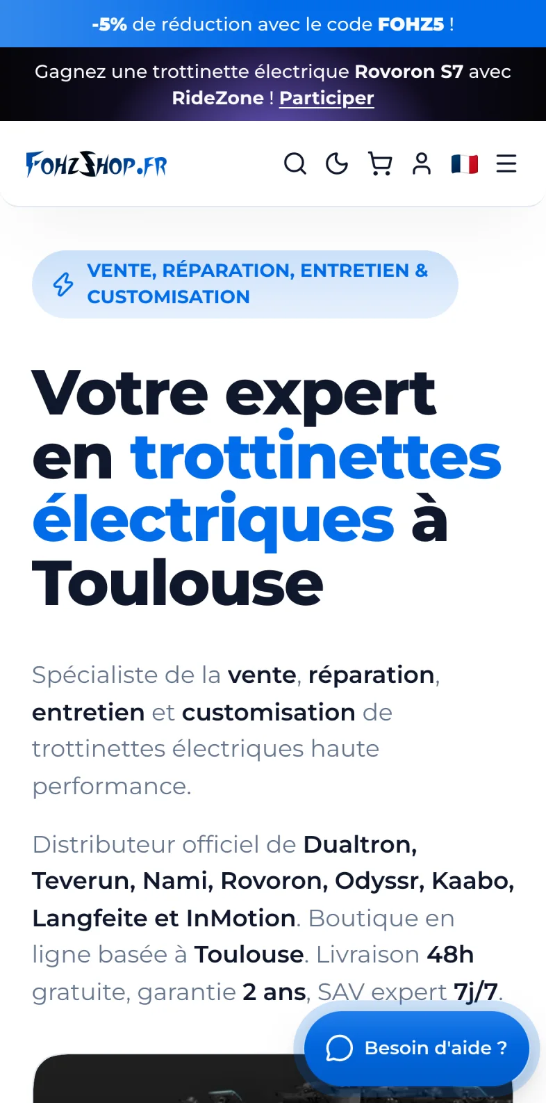 Page d'accueil de fohzshop.fr sur mobile