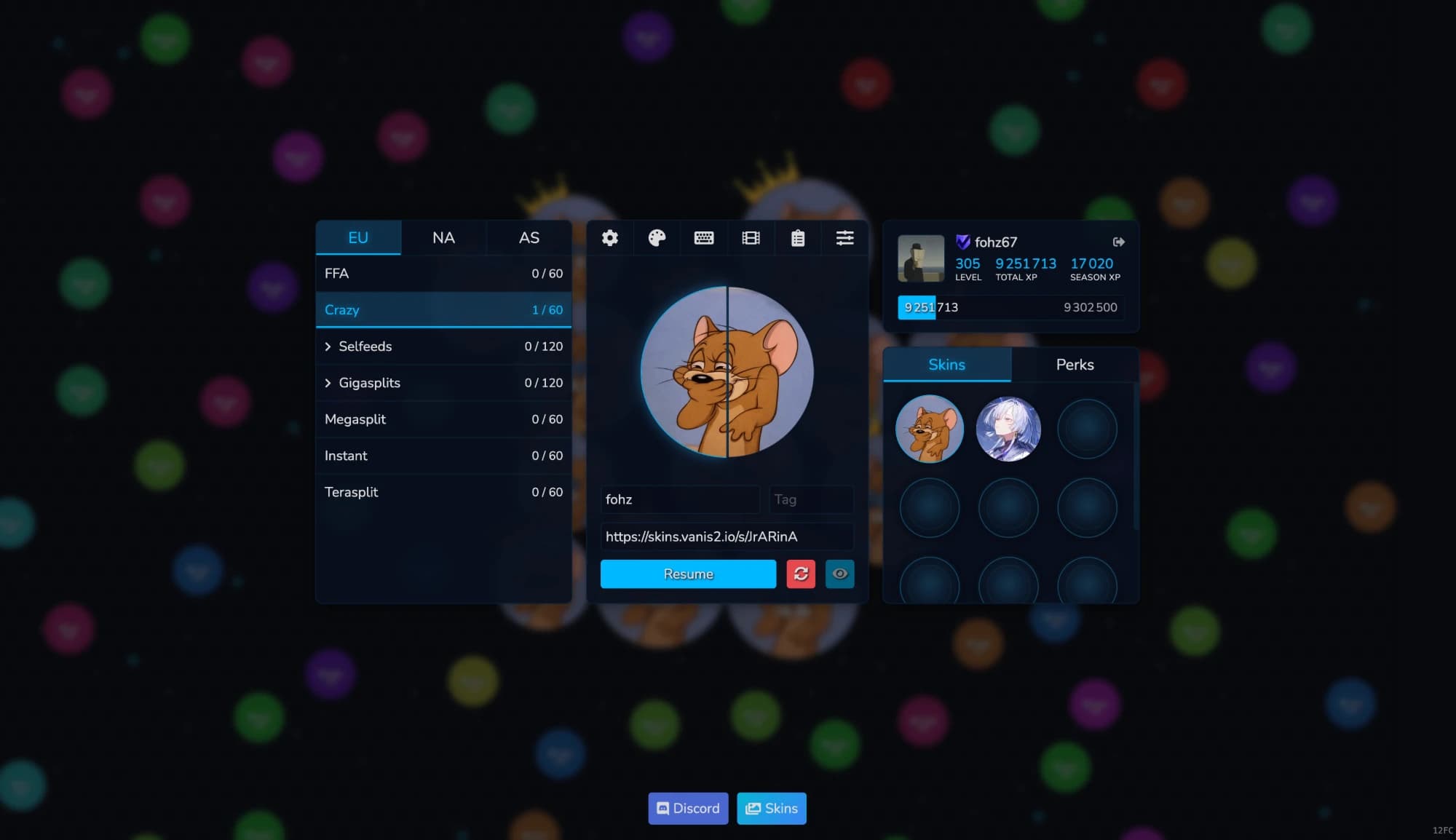 Menu de Vanis2.io avec le choix du serveur et du skin