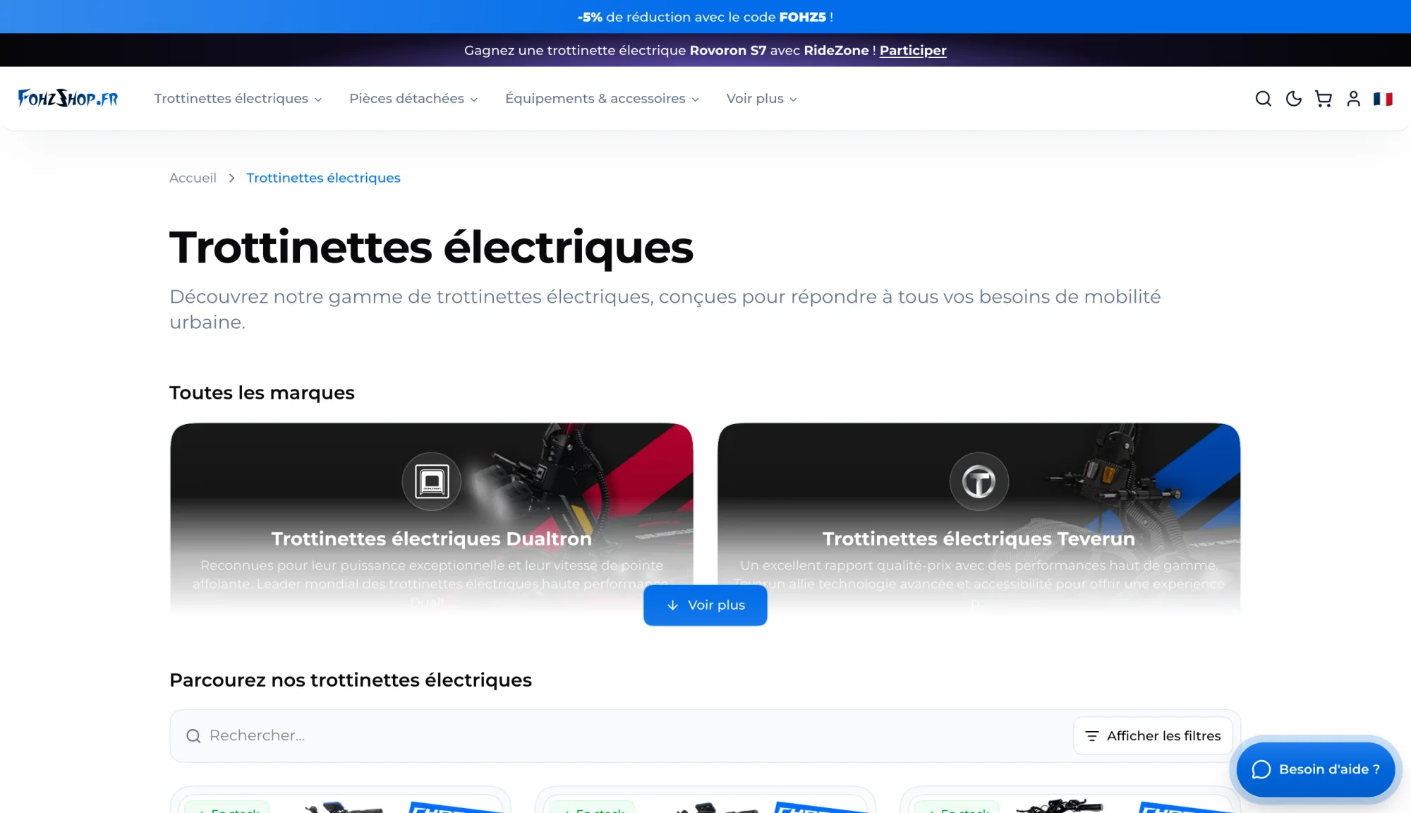 Catalogue des trottinettes électriques sur fohzshop.fr