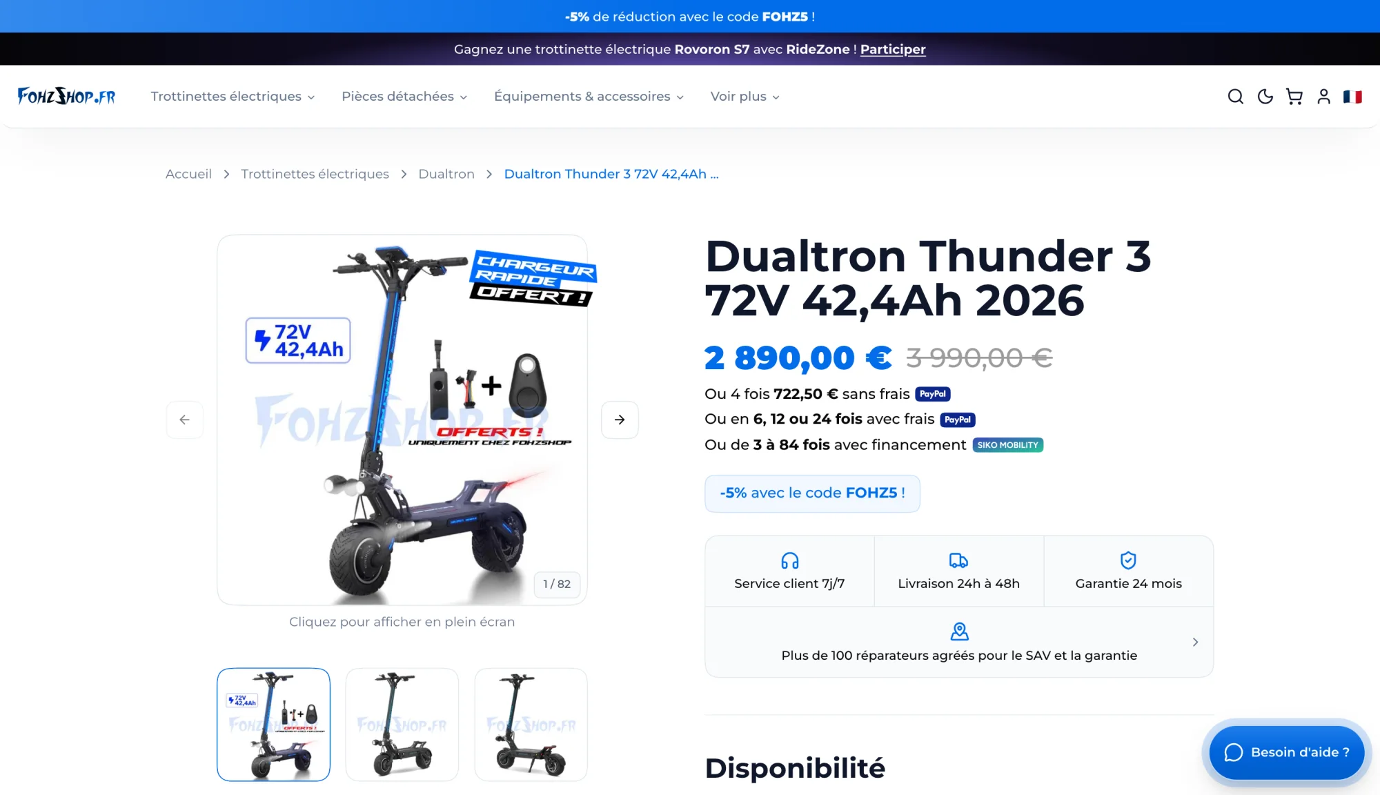 Fiche produit d'une Dualtron Thunder 3 sur fohzshop.fr